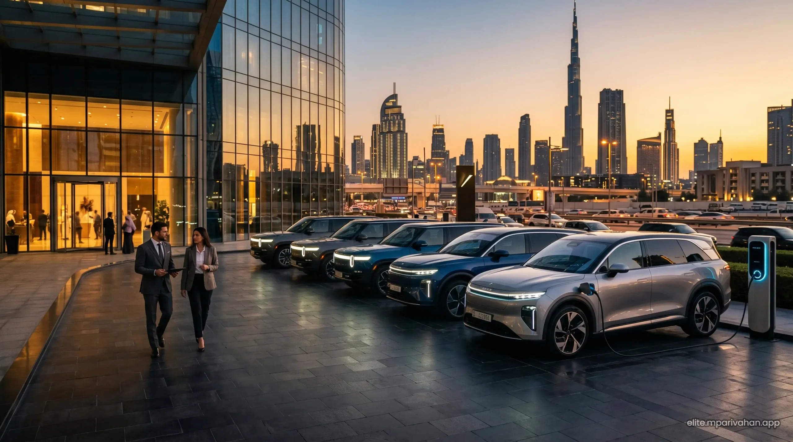 Corporate fleet of luxury electric vehicles in Dubai business bay