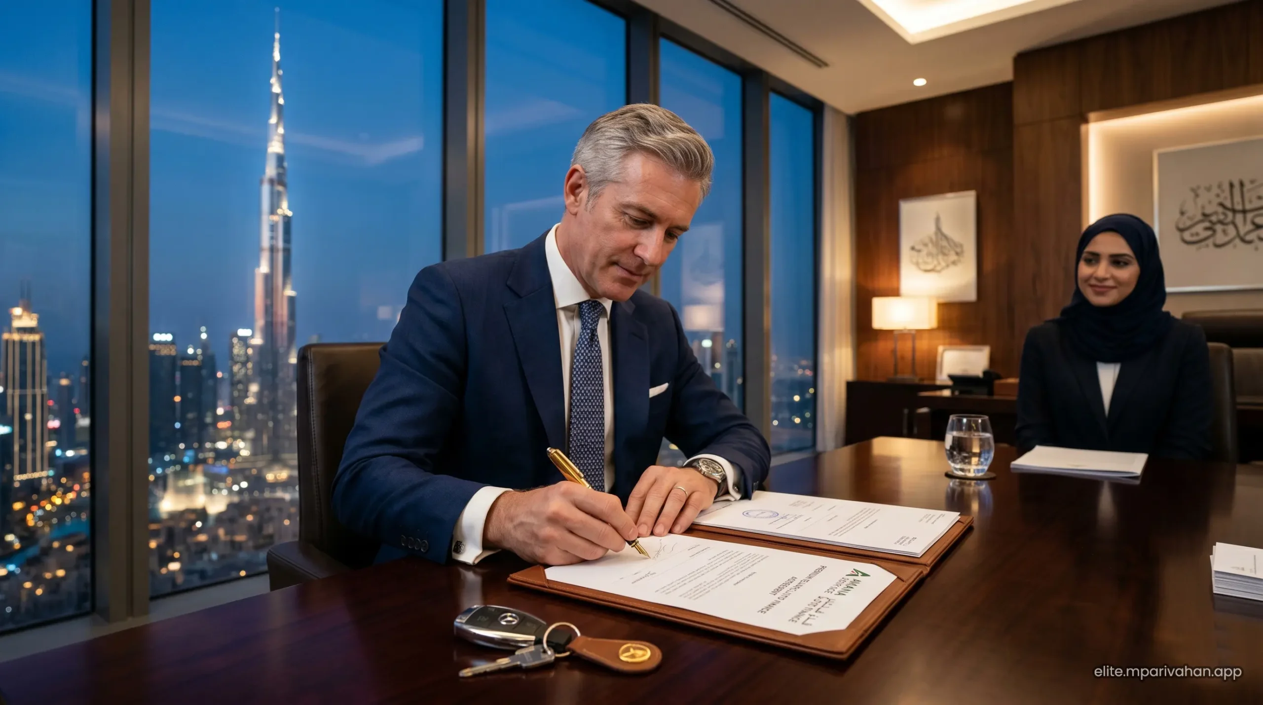 High net worth expat signing premium Islamic auto finance contract